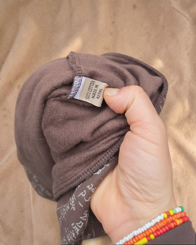 Valentina brown cotton hoodie interior label showing 100% cotton and made in Nepal origin