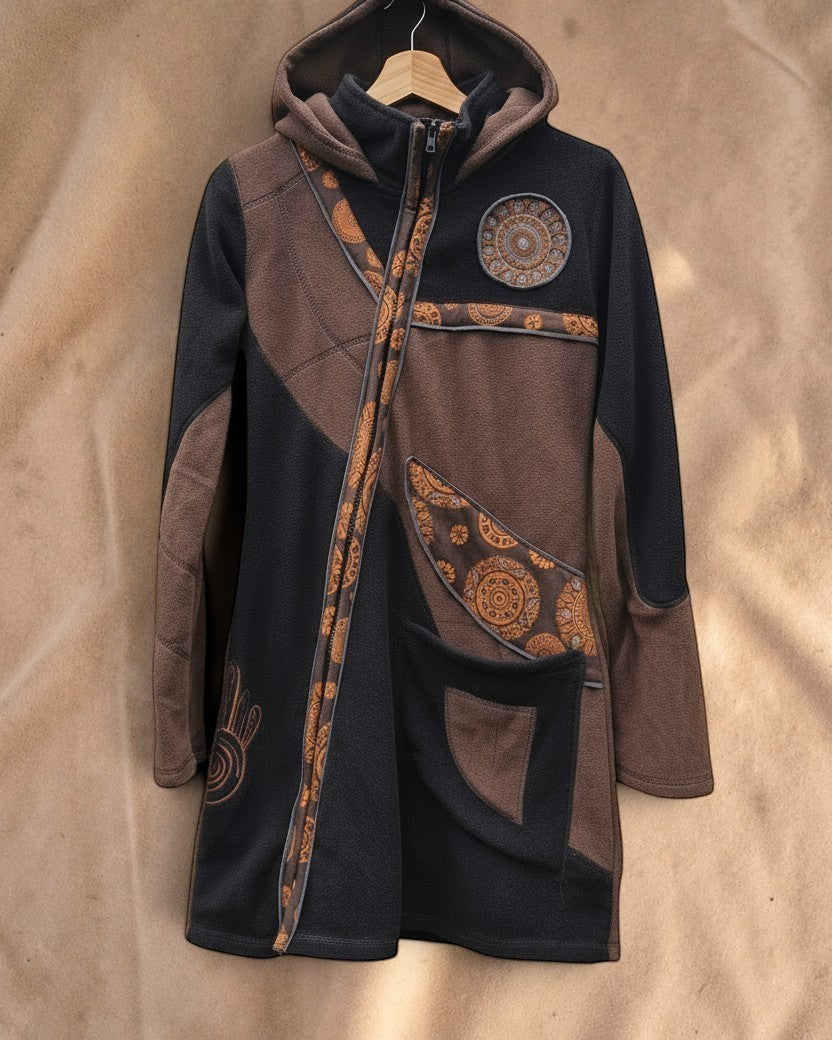 Valentina Nomad Layer Jacket in dark woods brown and black fleece with asymmetrical patterns and a large hood