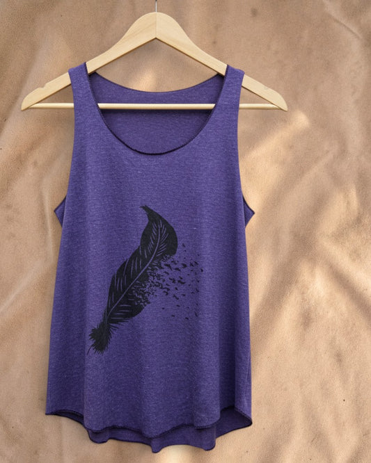 Valentina Shadow Feather Top in purple with a black feather print, featuring a soft, sleeveless, airy silhouette.