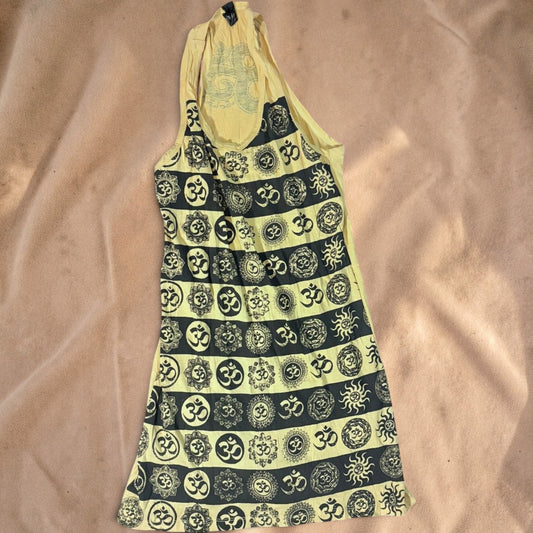 Valentina yellow racerback summer dress with black Om and sun graphic prints in a loose, airy fit.